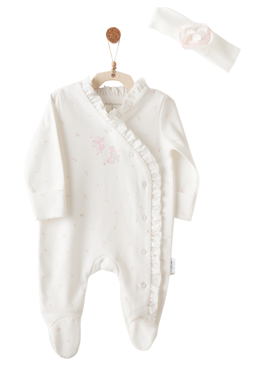 Salopeta Lunga Ivory cu Imprimeu Roz cu Iepure si Flori AC26503 Andywawa