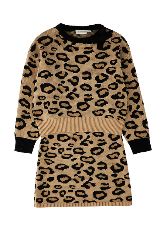 Set Tricotat Bej din 2 Piese, Bluza si Fusta, cu Imprimeu Leopard pentru Fete – Sarabanda