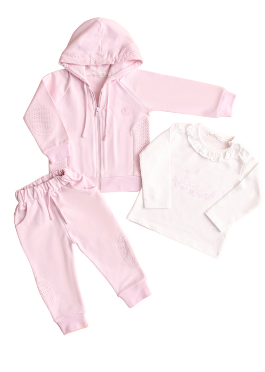 Trening 3 Piese Hanorac si Pantaloni Roz si Bluza Crem cu Iepure 12506 Leo King