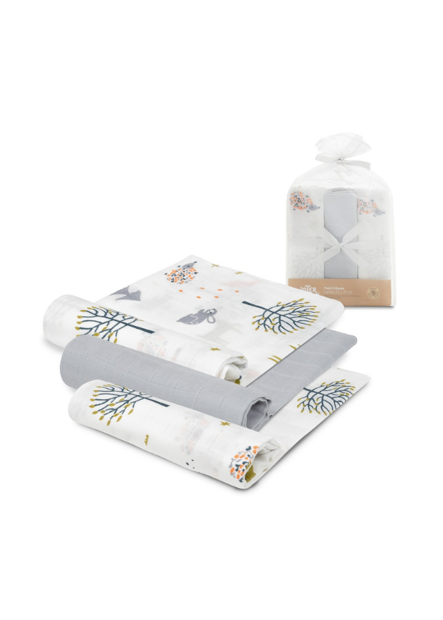 Set 3 Scutece Muselinadin Bambus Alb-Gri cu Imprimeu Copaci 55x70 cm 98975-31 Interbaby
