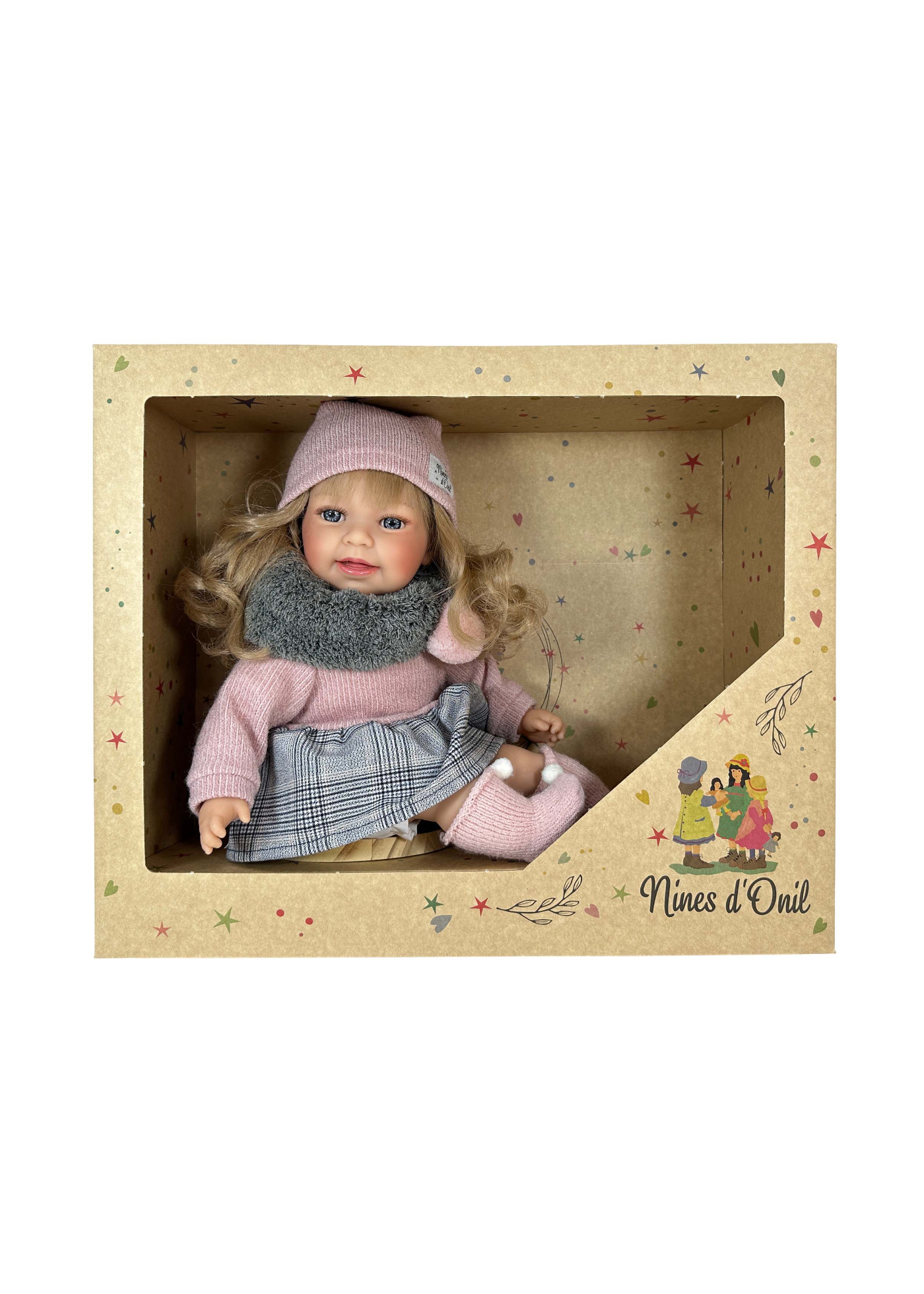 Papusa Parfumata Susi Blonda cu Mecanism Fusta Gri si Pulover cu Caciula Tricotate Roz – 40 cm – 5113 – Nines