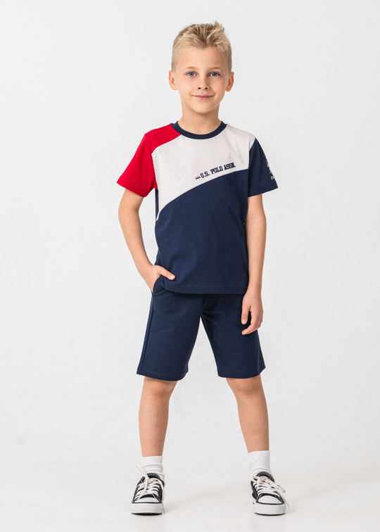 Set 2 Piese Tricou Alb cu Bleumarin si Rosu si Pantaloni Scurti Bleumarin US2407-4 V1 Us Polo Assn