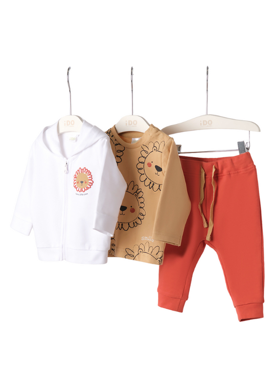 Trening 3 Piese, Hanorac Alb cu Fermoar, Bluza Bej cu Imprimeu si Pantaloni Caramizii 8056 iDO