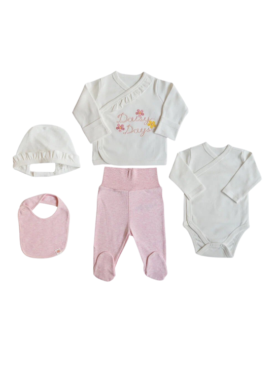 Set 5 Piese Nou Nascut Alb cu Roz S60558 Kitikate