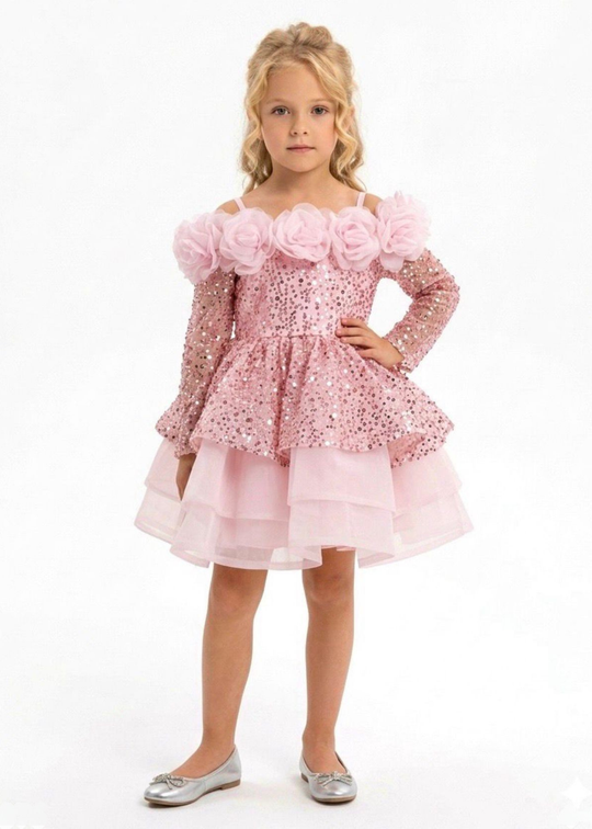Pink ceremony dress with sequins and organza, long sleeves with applied flowers on the bust, art 3376 Mon Princess