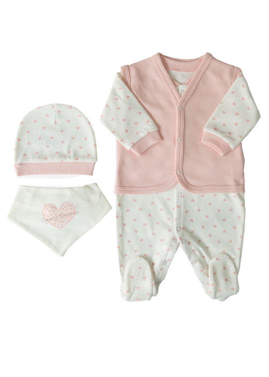 Set of 4 Organic Cotton White with Pink Stars Overalls with Fes Vest and Bib S31078 Kitikate