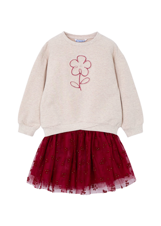 Set 2 Piese Bluza Oversize Bej si Fusta Tulle Rosu 4936 Mayoral