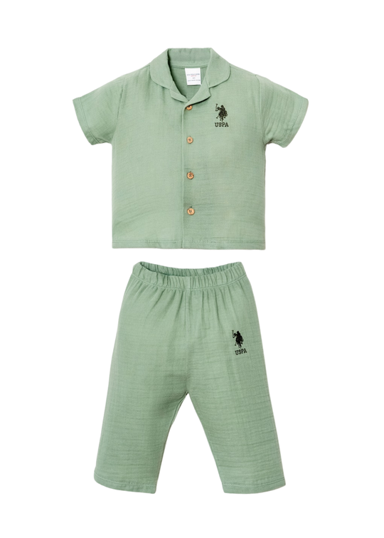 Set of 2 Green Muslin Pieces Short Sleeve Shirt and Long Pants USB2947 V2 Us Polo Assn