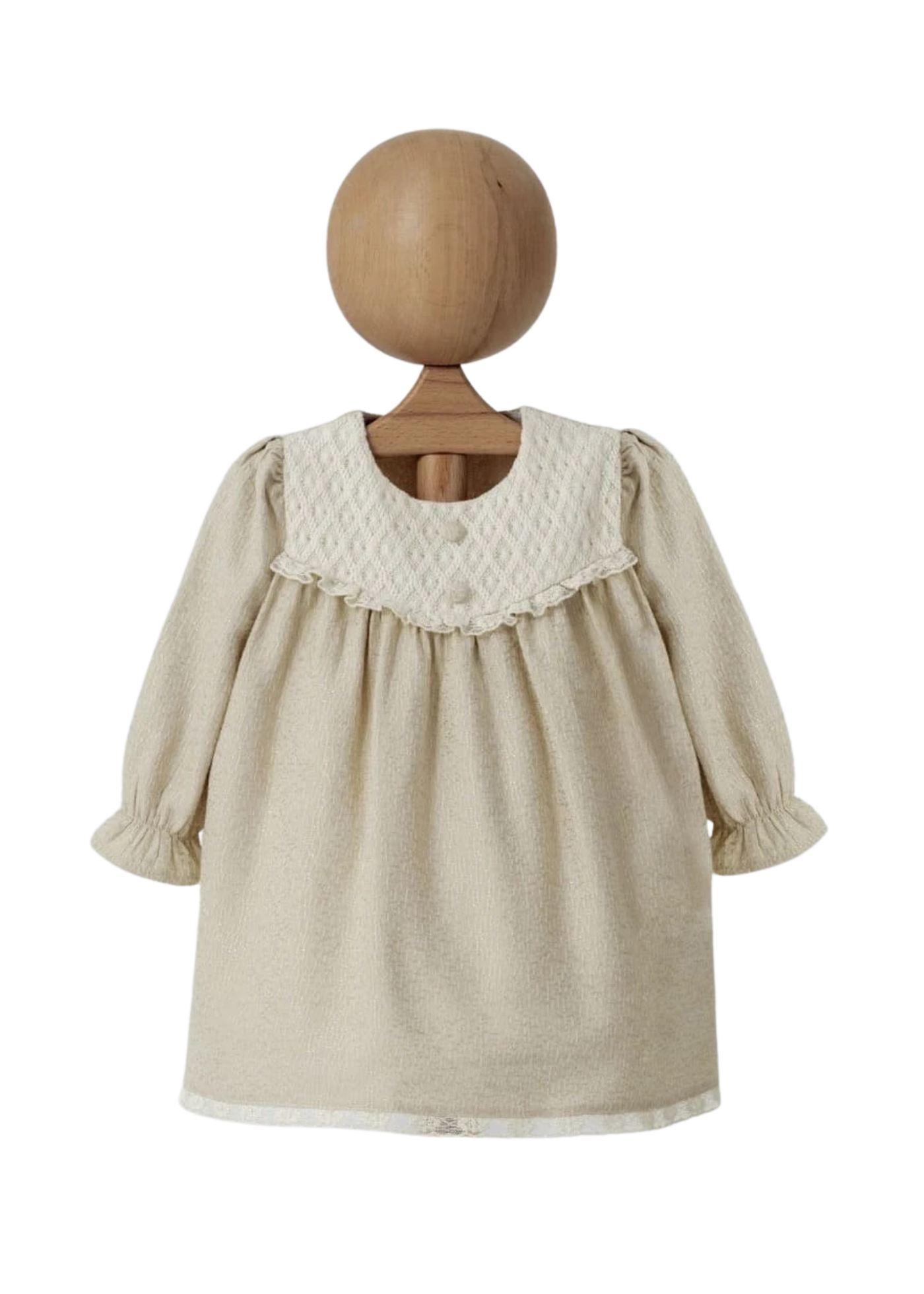 Rochie cu Maneca Lunga Bej Brocard cu Insertie Tricot pe Bust 4404 MyMio