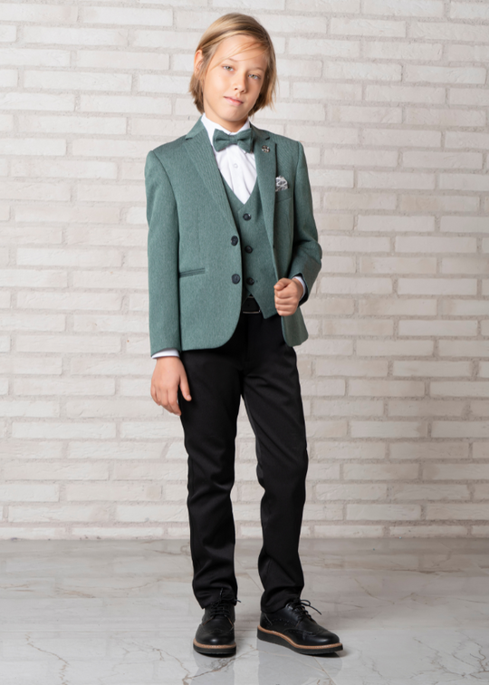 Церемонічний костюм із 5 предметів, краватка-метелик, зелений піджак і жилет, чорні штани та біла сорочка арт. 20285 Маленький джентльмен