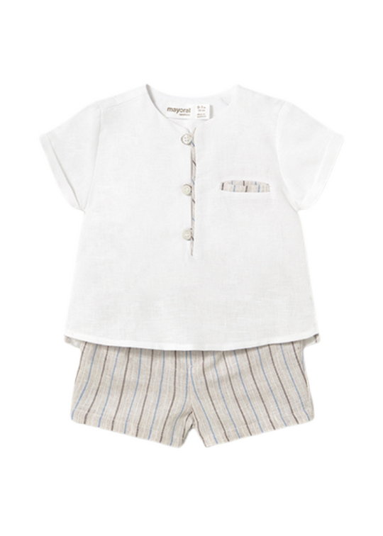 Set 2 Piese Camasa Crem cu Maneca Scurta si Pantaloni Scurti Bej cu Dungi Albastre In cu Bumbac 1211 Mayoral