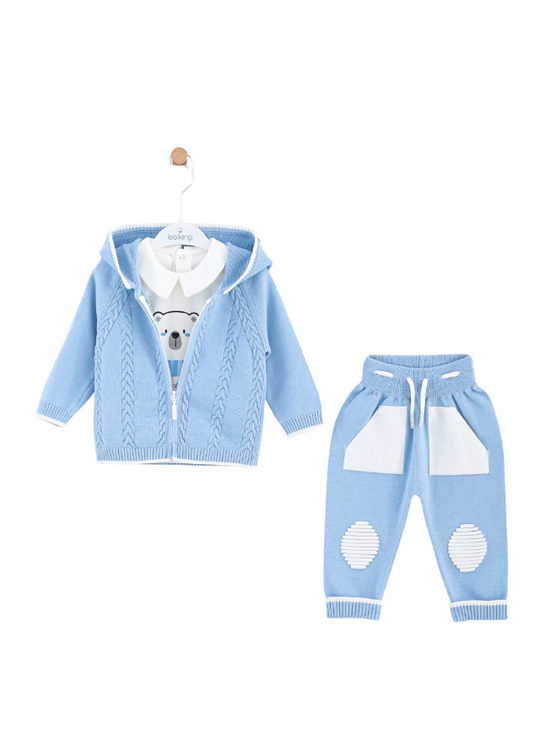 3 Piece Set Blue Knitted Hoodie and Pants White Cotton Blouse with Bear 8511 Leo King