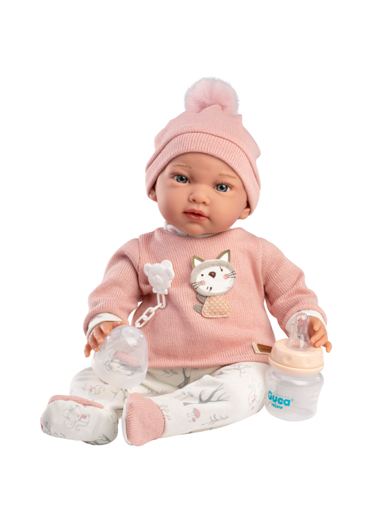 Papusa Ada, 42 cm, Fara Par, Corp Vinil+Textil cu Pantaloni Albi si Pulover Roz 10301 Guca Munecas