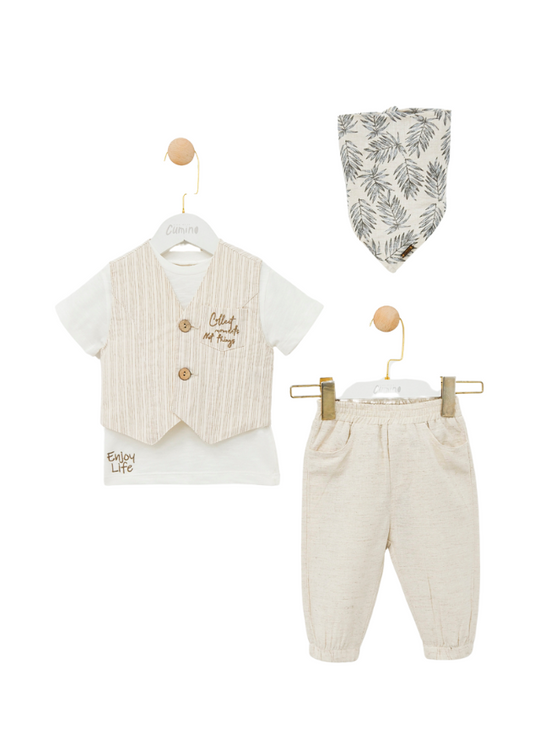 4 Piece Set Beige Vest and Long Pants Cream T-Shirt and Beige Scarf with Leaf Print 3645 Mino Baby