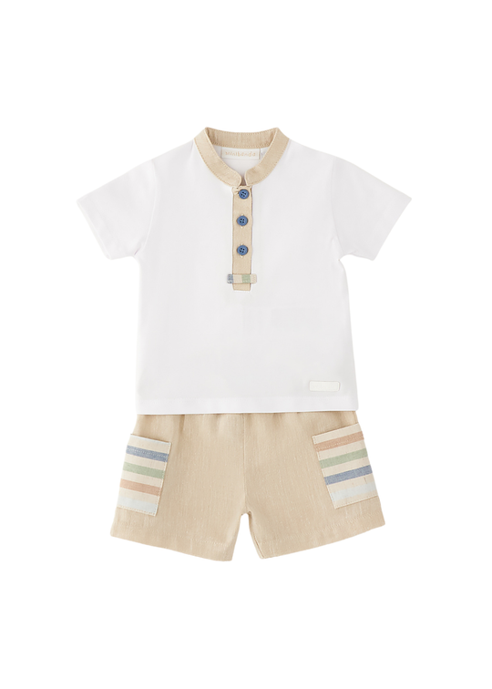 Set 2 Piese Tricou Alb si Pantaloni Scurti Bej 3.G689/00 Minibanda