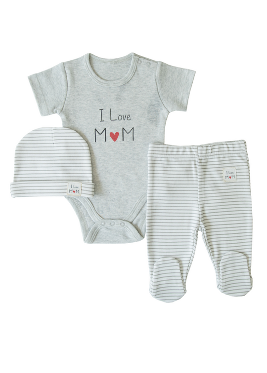 Set of 3 Organic Cotton Gray Body I LOVE MOM and Long Pants with Striped Fem S10639 Kitikate