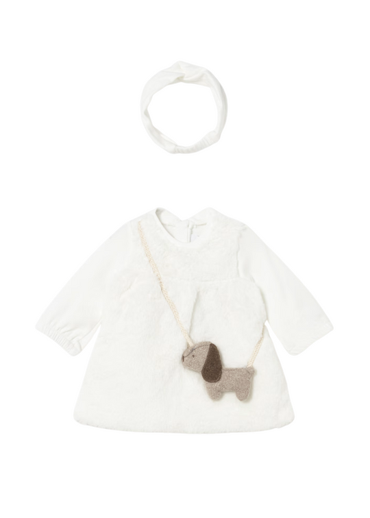 Rochie Crem cu Blana, Maneca Lunga si Geanta Catel 2823 Mayoral