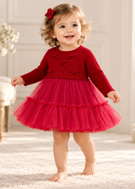 Rochie Tricotata Rosie cu Fundite si Fusta din Tul 3910 – MinoBaby