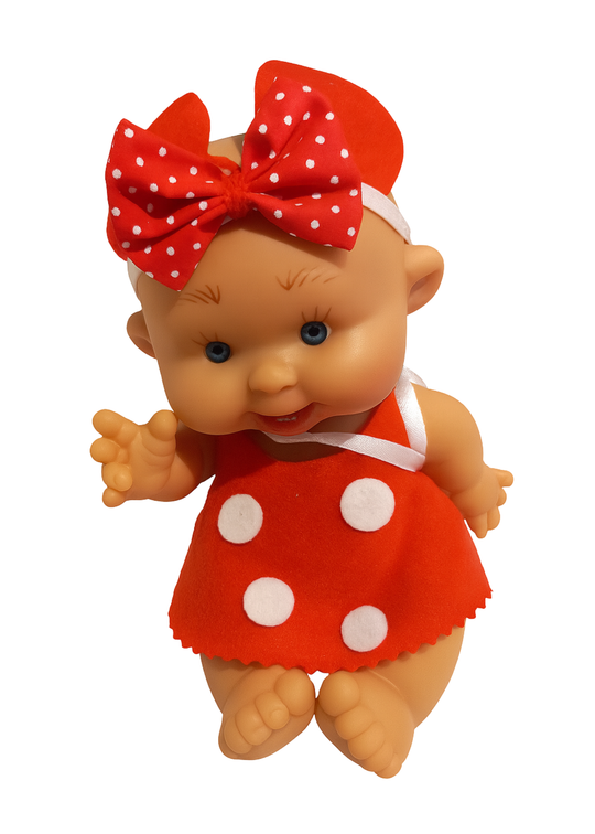 Papusa Parfumata cu Rochita Rosie din Fetru cu Buline Albe - 21 cm - 0494 - Nines