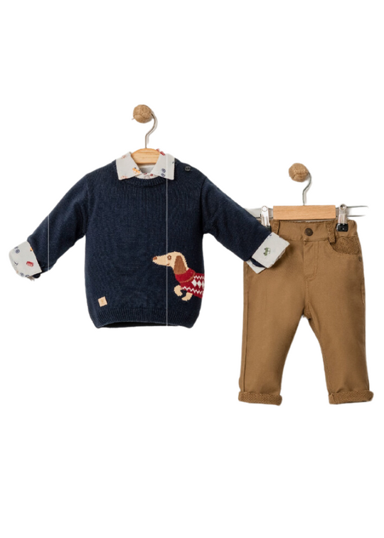 3 Piece Set Navy Blue Sweater with Dog White Shirt with Cars Print and Beige Tercot Pants 15022 Bebus