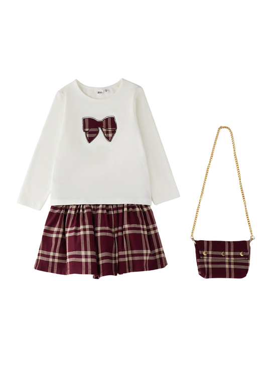 Set cu Bluza Ivory, Fusta in Carouri si Geanta 0112 – iDO
