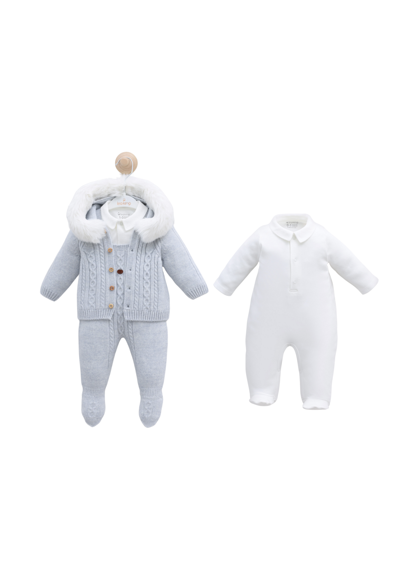 Set 3 Piese Salopeta Lunga Bleu Tricotata si Cardigan cu Blana cu Lana Merinos si Salopeta Bumbac 9337 Leo King