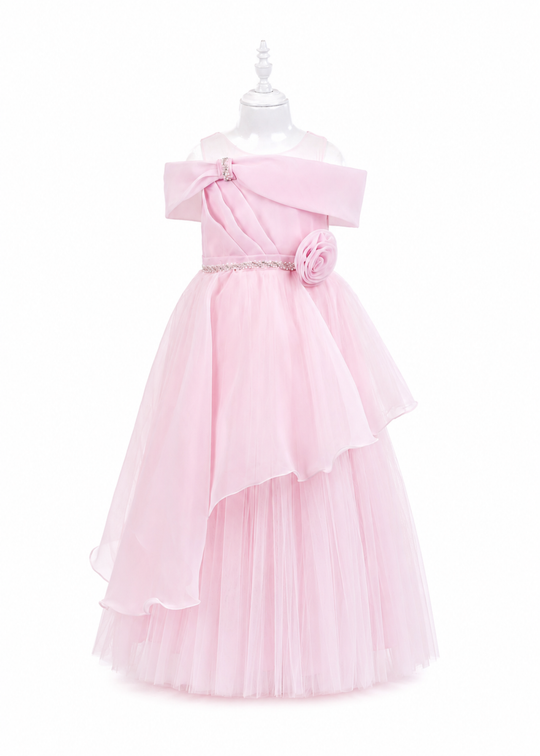 Long pink organza ceremony dress with pleats on the bust art 3274 Mon Princess