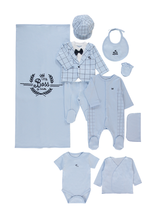 Set of 10 Blue Maternity Pieces with Navy Checks and Bow Tie Mr Boss Z969 Bebetto