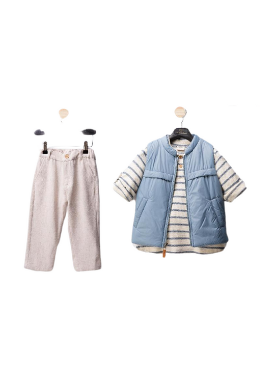 Set 3 Piese Bluza cu Dungi Bej Pantaloni Lungi Bej si Vesta din Fas M54221 Midimod Gold