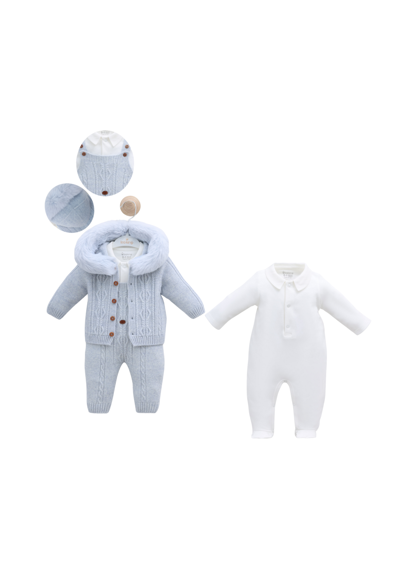 Set 3 Piese Bleu Salopeta Lunga si Jacheta cu Lana Merinos cu Blana la Gluga si Salopeta Bumbac 9348 Leo King