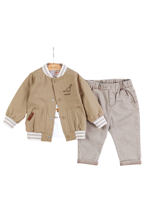 3 Piece Set, Beige Bomber Jacket, White T-Shirt and Beige Long Pants 6686 Bili Baby