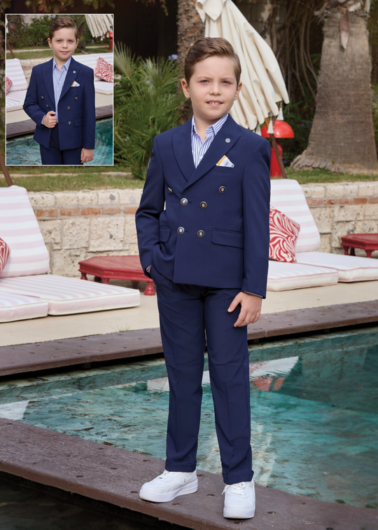 Costum 3 Piese Sacou si Pantaloni Bleumarin Camasa Alba cu Dungi Bleumarin 20203 Little Gentleman