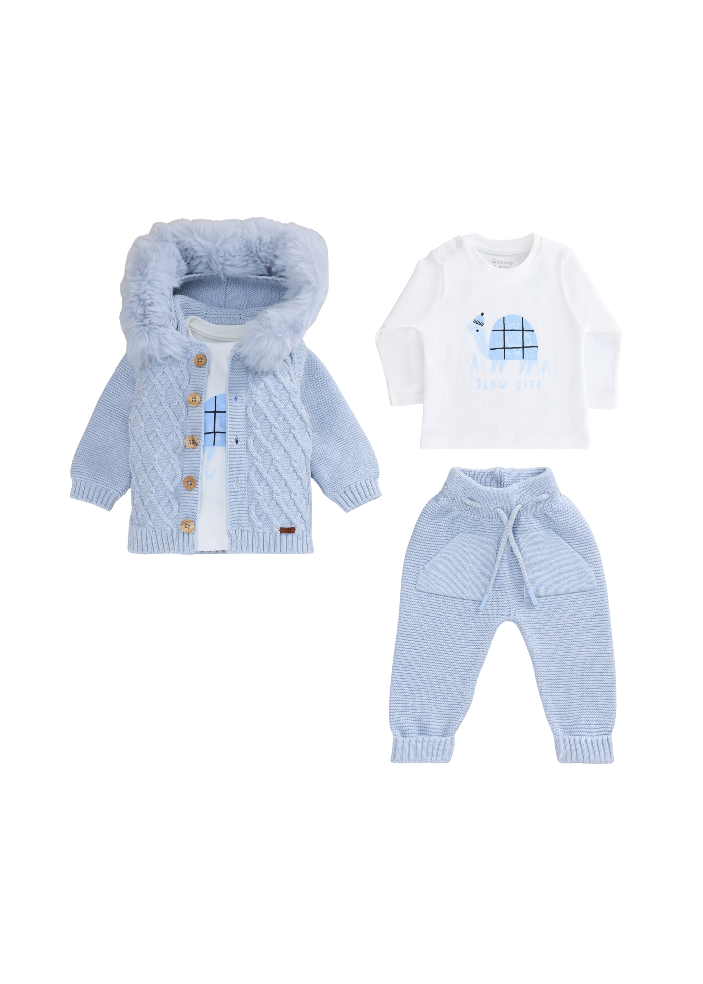 Set 3 Piese Bleu Tricotat Hanorac cu Blana la Guler 8011 Leo King
