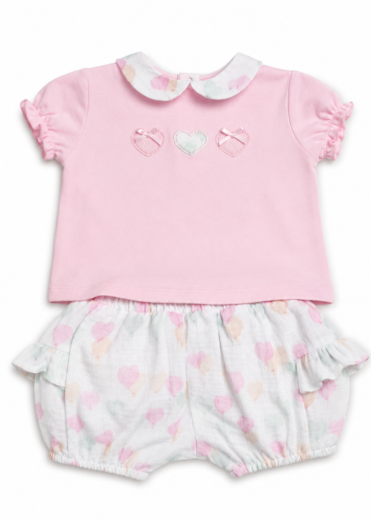 Set 2 piese tricou roz si pantaloni scurti albi imprimeu baloane art 3.G773/00 Minibanda
