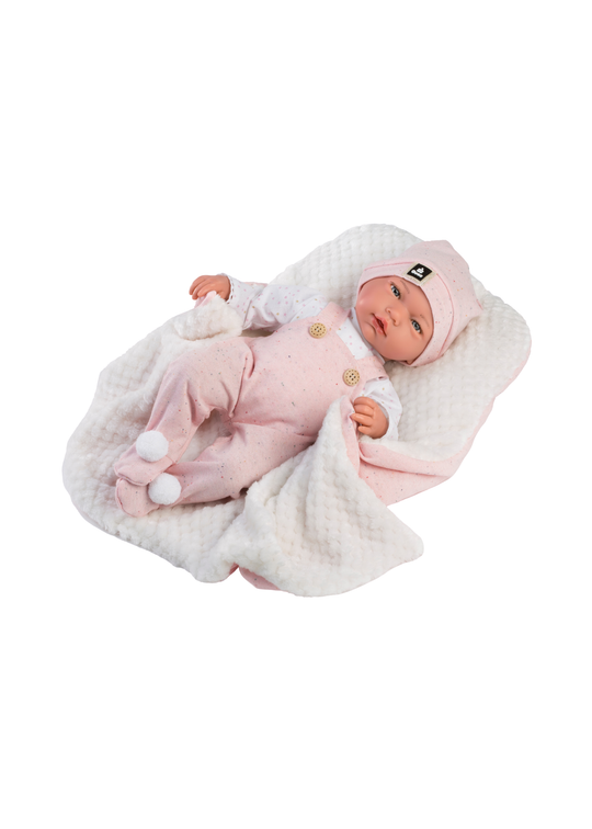 Papusa Indira, 38 cm, Fara Par, Corp Vinil+Textil, Mecanism cu Salopeta Tricotata Roz si Paturica Alb-Roz cu Blanita 962 Guca Munecas