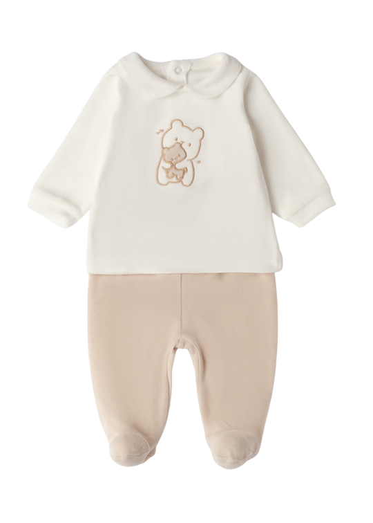 Set 2 Piese Velur cu Bluza Crem si Pantaloni Bej pentru Baieti 4.H170/00 – iDO