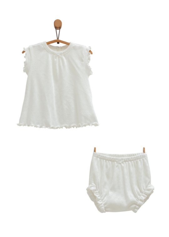 Set 2 Piese Crem Bumbac Perforat Top Maneca Scurta si Chilotel Move Girl TKK1681 Mell Sweet Baby