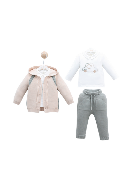 Set 3 Piese Jacheta si Pantaloni Tricotate Bej cu Gri si Bluza Bumbac 8021 Leo King