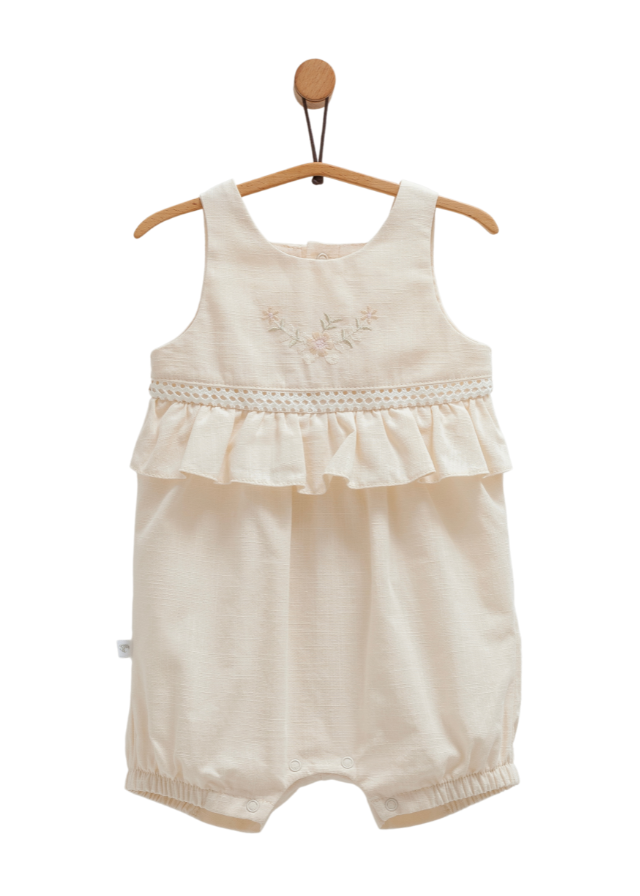 Salopeta Scurta Bej cu Bretele si Broderie pe Bust Serenity Girl TK1741 Mell Sweet Baby