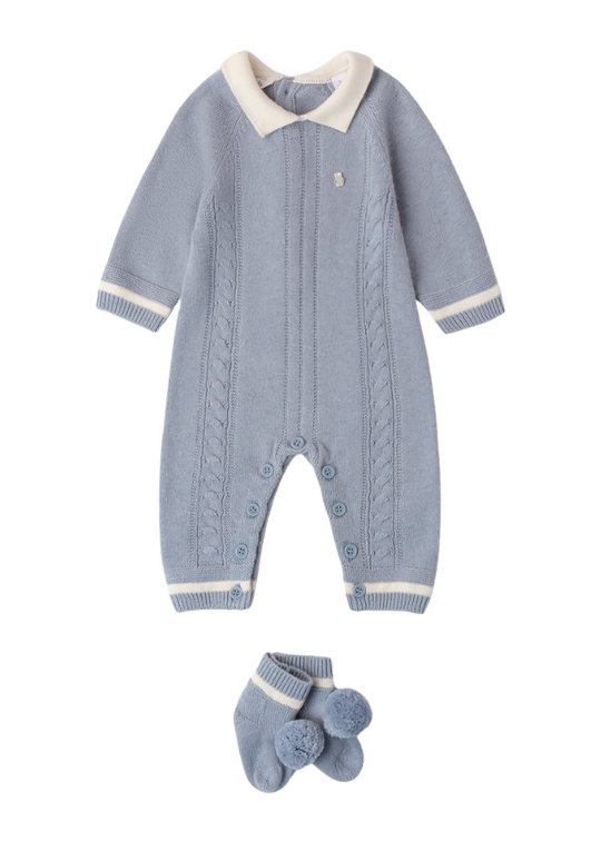 Salopeta Lunga Tricotata Albastra cu Botosi 3A644 Minibanda