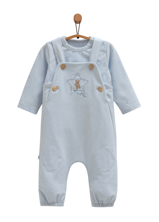 Set 2 Piese Salopeta Lunga cu Urs si Bretele si Bluza cu Maneca Lunga Bleu SLE1573 Mell Sweet Baby