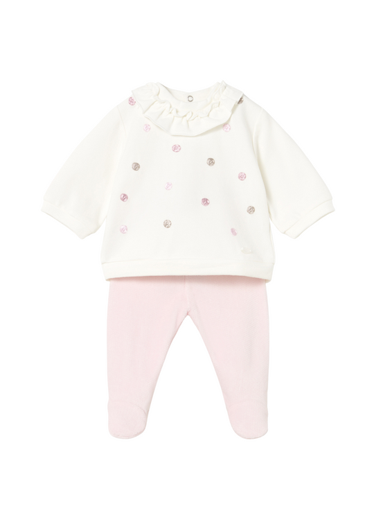 2-Piece Set Cream Blouse with Polka Dots and Pink Pants with Boots 2555 Mayoral