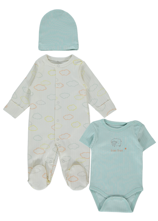 Set of 3 Pieces Long Jumpsuit Cream with Clouds Body Green and Fes Happy Sheep Z949 Bebetto