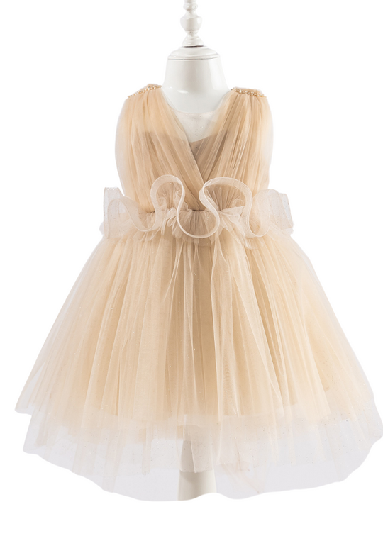 Rochie Ceremonie din Tulle Bej cu Volan in Talie 6008 Lugu