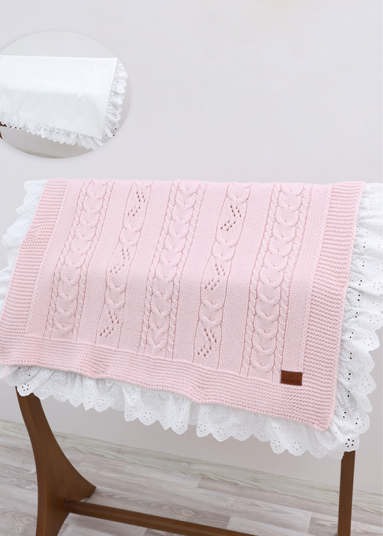 Set Pled Tricotat Roz cu Lana Merinos si Pled Bumbac cu Broderie 9720 Leo King