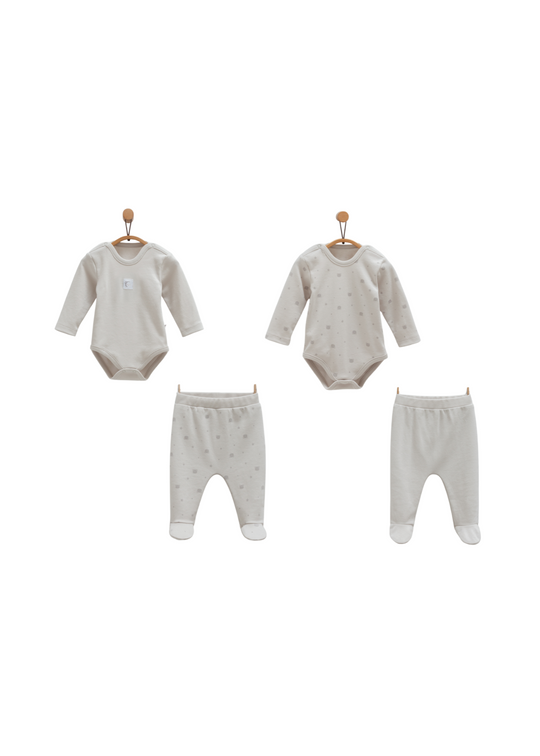 Set Cadou 4 Piese Nou Nascut 2 Body cu Maneca Lunga si 2 Pantaloni Lungi Gri cu Urs BPE1467 Mell Sweet Baby