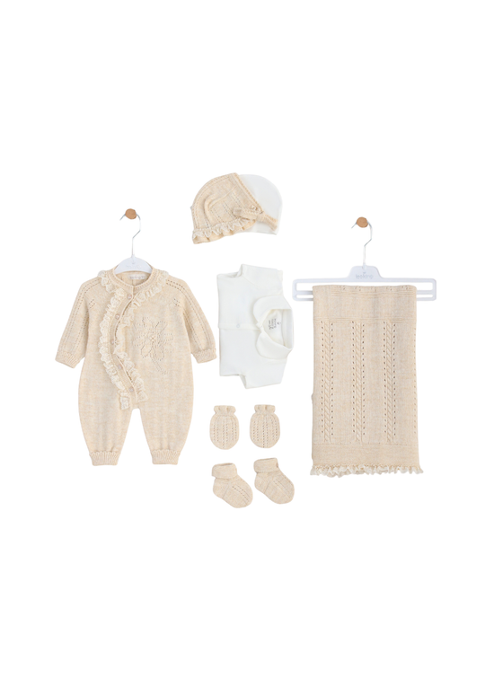 Set 7 Piese Tricotat Bumbac Bej cu Salopeta 3416 Leo King