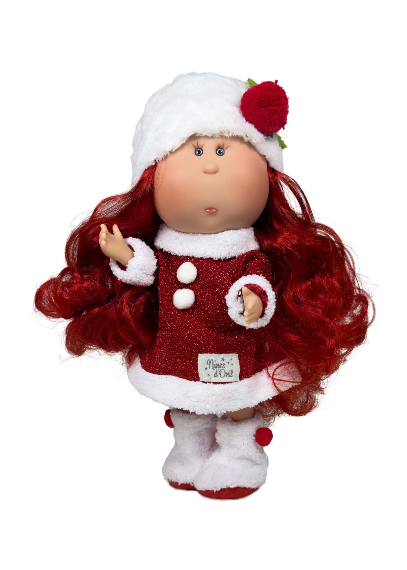 Papusa parfumata Mia, Par Rosu, Corp Vinil, Rochita Rosie cu Sclipici si Caciula cu Cizmulite din Blanita Alba – 30 cm – 3442 – Nines