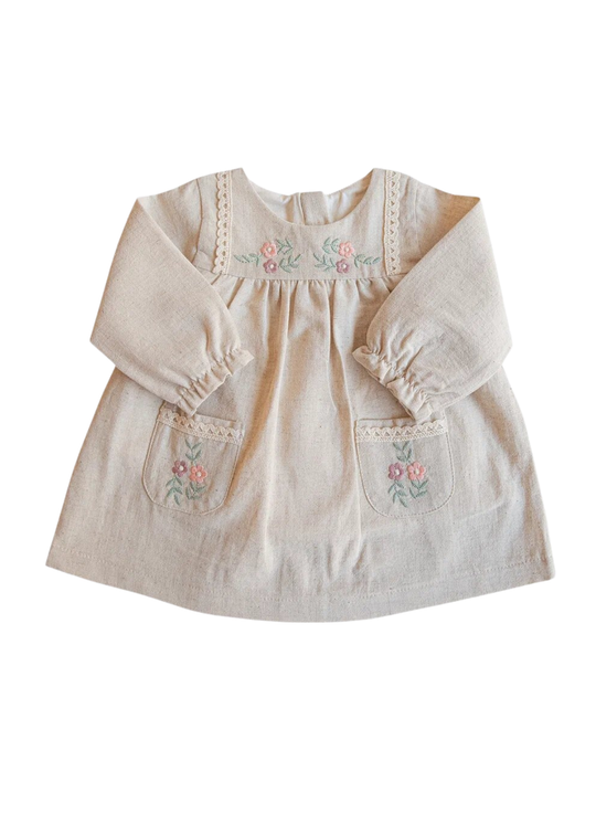 Rochie Bej cu Maneca Lunga cu Broderie Flori S60545 Kitikate