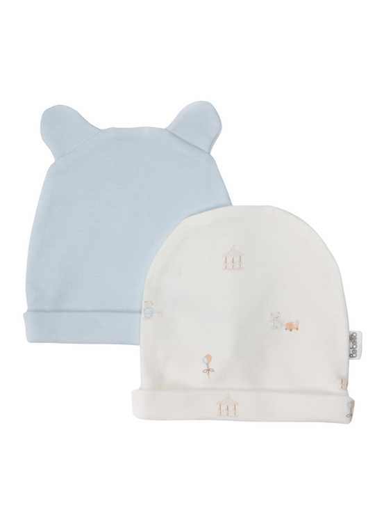 Set de 2 Caciulite din Bumbac, cu Urechiuse si Imprimeu cu Ursuleti Bleu C1233 – Bebetto